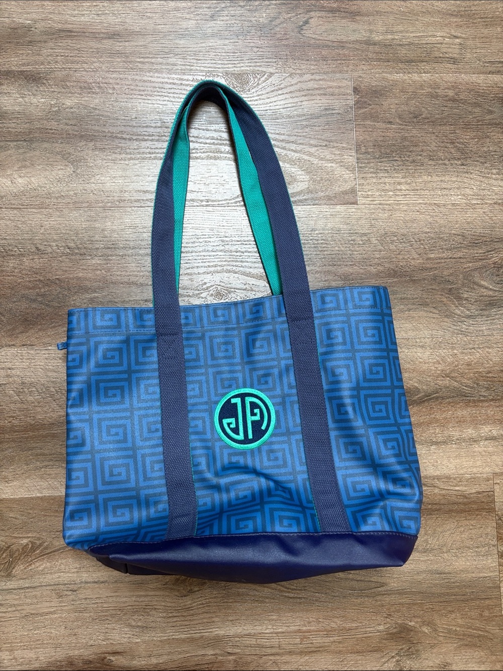 Blue Geo-Print Tote Bag with Green Accent